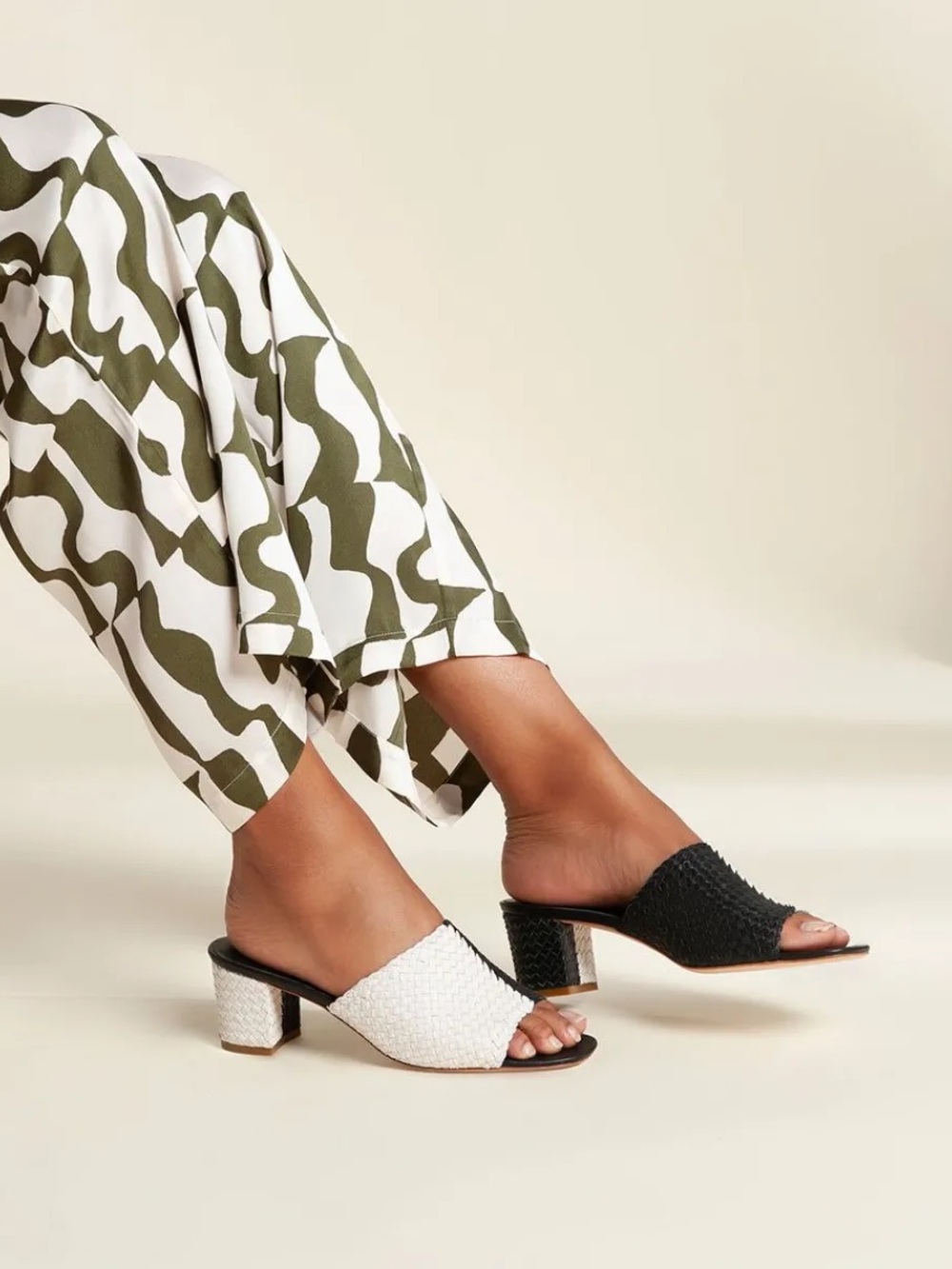 Charlotte Stone Two-Tone Black & White Woven Mule Heels